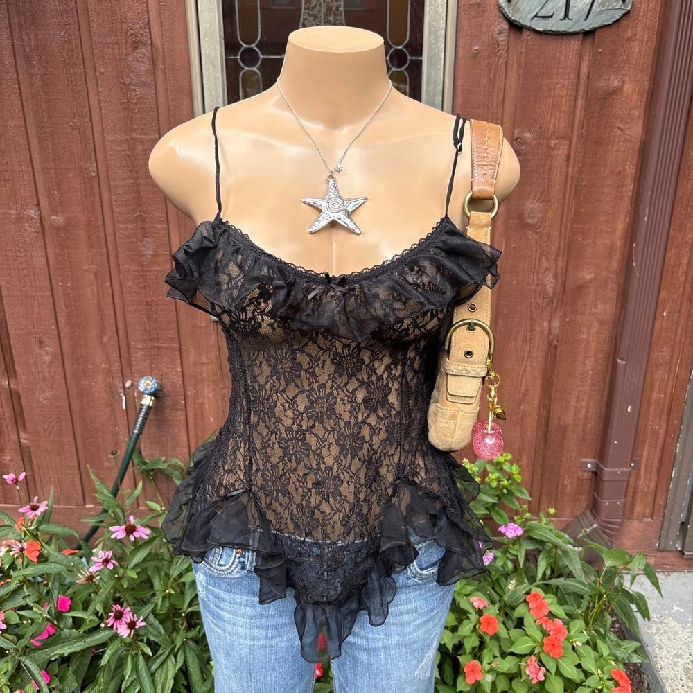 y2k 2000s grunge bimbo black sheer lace ruffle corset cami top